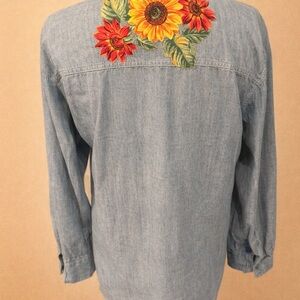 Sunflower Denim Button-Up Shirt – Size Small – Gold Glitter Detail